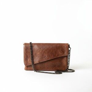MAXON COLLECTION Brown Worn Textured Leather Crossbody Bag Chain Made in Italy